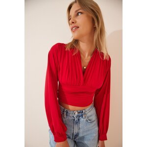 Happiness İstanbul Women's Red Deep V-Neck Crop Sandy Knitted