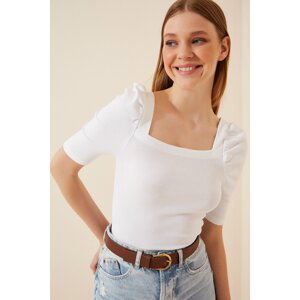 Happiness İstanbul Women's White Square Collar Corduroy Crop Blouse