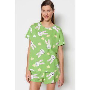 Trendyol Zelené 100% bavlněné pyžamo s králičím vzorem ve tvaru srdce - tričko a šortky