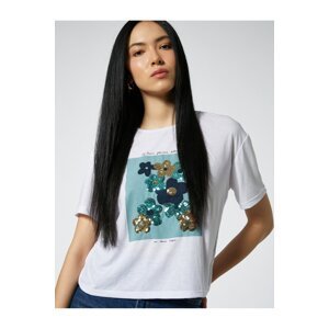 Koton Sequined Printed T-Shirt, Crew Neck Short Sleeved
