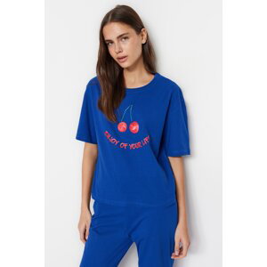 Trendyol námořnicky modré 100% bavlněné pyžamo s třešňovým potiskem - tričko a kalhoty