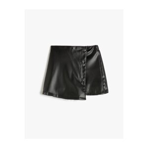 Koton Shorts Skirt with Leather Look, Elastic Waist and Button Detail.