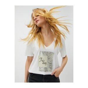 Koton V-Neck T-Shirt with a Shiny Print Cotton