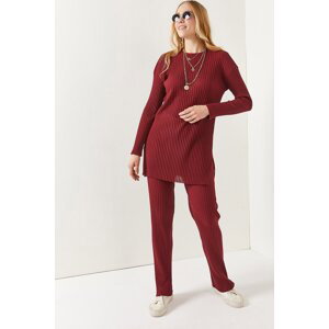 Olalook Dámský vínově červený top s rozparkem, halenka, spodní díl kalhoty Palazzo, manšestrový oblek