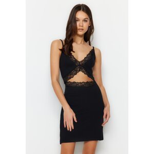 Trendyol Black Cotton Lace Detailed Ribbed Knitted Nightdress with Strap