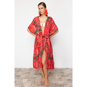 Trendyol Maxi tkaný kimono a kaftan s květinovým vzorem a páskem