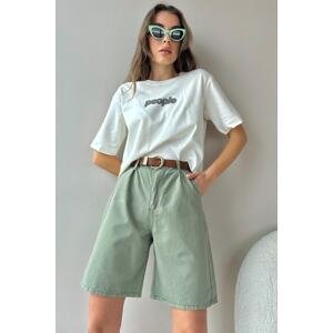 Trend Alaçatı Stili Dámské zelené bermudy s vysokým pasem a širokými nohavicemi