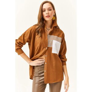Olalook Women's Brown Pocket Detailed Oversize Woven Shirt