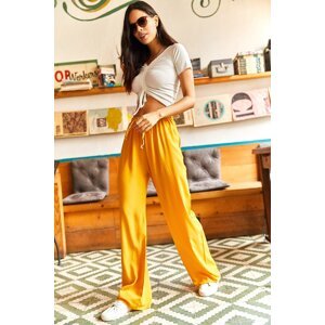 Olalook Women's Mustard Belted Weave Viscose Palazzo Pants