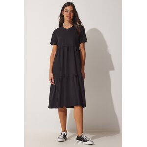 Happiness İstanbul Women's Black V-Neck Summer Comfortable Fit Dress