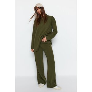 Trendyol Olejově zelená, široký střih, základní kalhoty a pletený top a spodní set