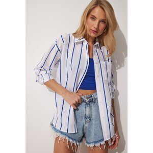 Happiness İstanbul Women's Blue White Striped Oversized Long Cotton Shirt