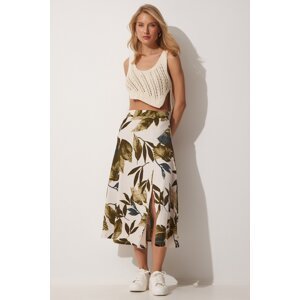 Happiness İstanbul Women's Green Cream Patterned Slit Knitted Skirt