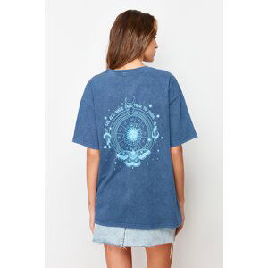 Trendyol Indigo 100% Cotton Pale Effect Back Printed Boyfriend Crew Neck Knitted T-Shirt