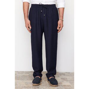 Trendyol Navy Blue Tapered Rubber Waisted Linen Look Flowy Fabric Pants