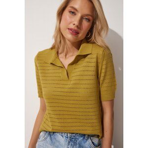 Happiness İstanbul Women's Oil Green Polo Neck Openwork Summer Knitwear Blouse