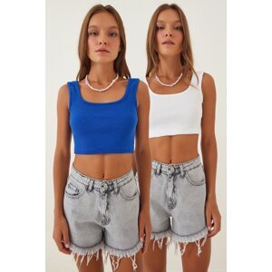 Happiness İstanbul Women's Dark Blue White Halter Crop 2-Pack Knitted Blouse