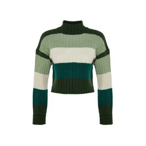 Trendyol Tmavě zelená Crop Měkký texturovaný pletený svetr s barevným blokem