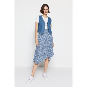 Trendyol indigo vzorovaná asymetrická sukně s volánky a vysokým pasem, midi délka, elastický úplet