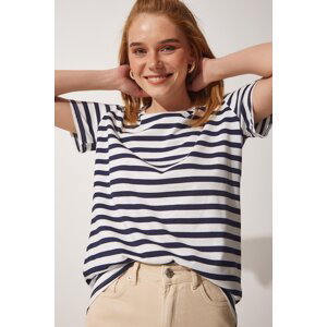 Happiness İstanbul Women's Navy Blue White Crew Neck Comfortable Fit Striped Tshirt