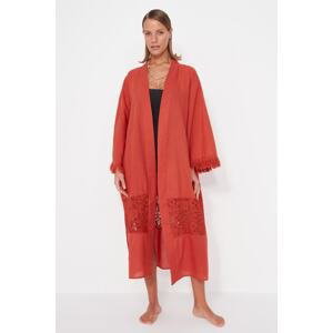 Trendyol skořicový maxi tkaný kimono a kaftan s páskem, řasený, 100% bavlna