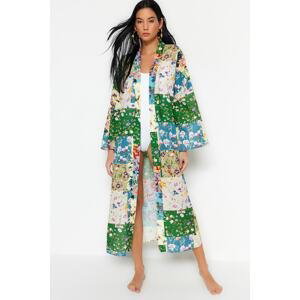 Trendyol květinový vzor s páskem maxi tkaný 100% bavlněný kimono a kaftan