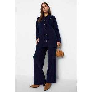 Trendyol Navy Blue Corduroy Knitwear Cardigan Sweater-Pants Bottom-Top Set