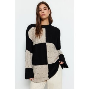 Trendyol Black Color Block Knitted Knitwear with Openwork/Perforated Sweaters