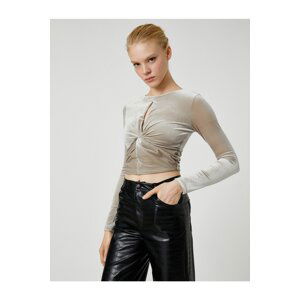 Koton Crop Velvet Blouse With Knot Detail Long Sleeves