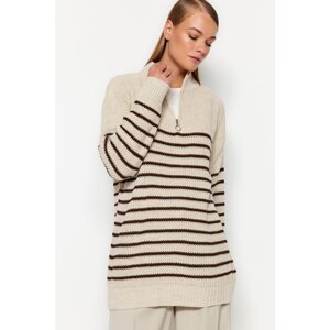 Trendyol Stone Striped Zipper Detailed Knitwear Sweater