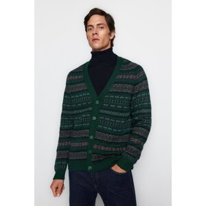 Pánský zelený svetr s výstřihem do V a žakárovým pletením od značky Trendyol