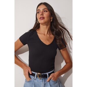 Happiness İstanbul Women's Black V-Neck Knitted T-Shirts