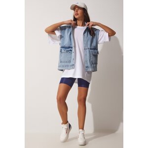 Happiness İstanbul Women's Blue Oversized Denim Vest with Big Pockets
