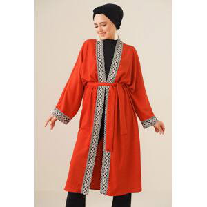 Bigdart 5865 Pletené dlouhé kimono s výšivkou - cihlově červená