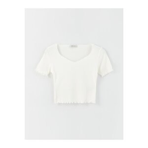LC Waikiki Women's Heart Collar Plain Short Sleeve Crop T-Shirt
