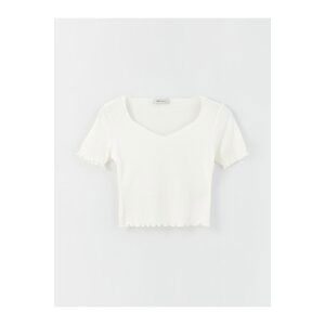 LC Waikiki Women's Heart Collar Plain Short Sleeve Crop T-Shirt