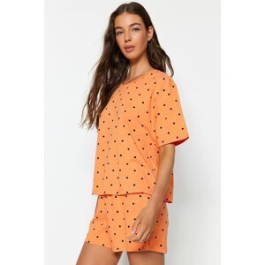 Trendyol oranžovo-multibarevné 100% bavlněné tričko s motivem srdce a kraťasy - pletená sada pyžama
