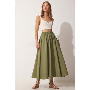 Happiness İstanbul Women's Khaki Pocket Linen Flared Skirt