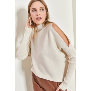 Bianco Lucci Women's Half Turtleneck Open-Shoulder Tricot Knitwear Sweater