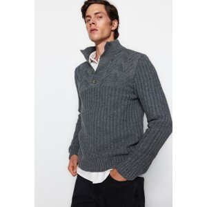 Trendyol šedý pánský slim fit rolák s knoflíky pletený svetr