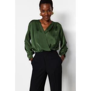 Trendyol Khaki Satin Fabric Double Breasted Collar Woven Body with Snap Detail at the Hem