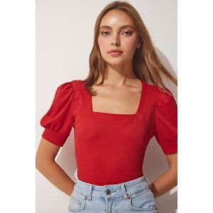 Happiness İstanbul Women's Red Square Collar Knitted Blouse with Balloon Sleeves