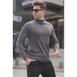 Madmext antracitový slim fit pruhovaný pulovr s polovičním rolákem proti žmolkování pánský svetr 6344