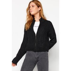 Trendyol Black Soft-textured Sweater Cardigan with Zipper and Braids