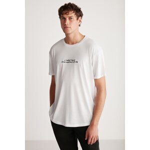 GRIMELANGE Christopher Men's Long Fit Flowing Fabric Embroidered White T-shir