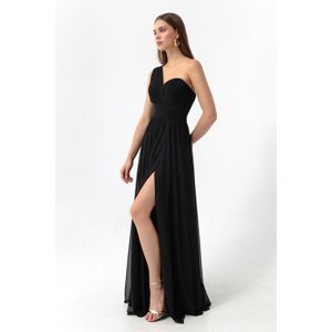 Lafaba Dámské černé dlouhé večerní šaty s rozparkem na jedno rameno