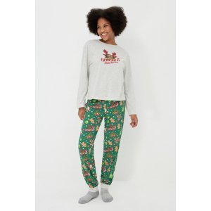 Trendyol šedý melír 100% bavlněný vánoční tematický tričko-kalhoty a pletené pyžamo set
