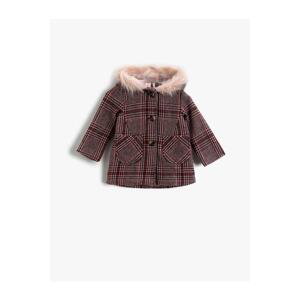 Dívčí kabát Koton s límcem z ovčí vlny, károvaná kapuce, dívčí kabát s límcem z ovčí vlny, károvaná kapuce