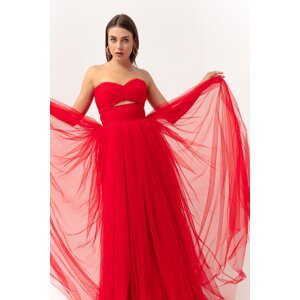 Červené večerní šaty bez ramínek z tylu pro ženy Lafaba