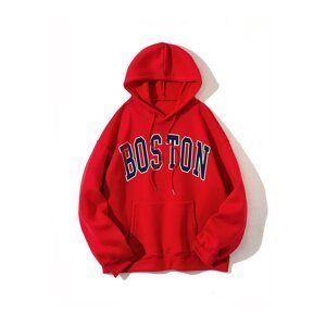 Know Unisex Red Oversize Boston Printed Sweatshirt with Hoodie